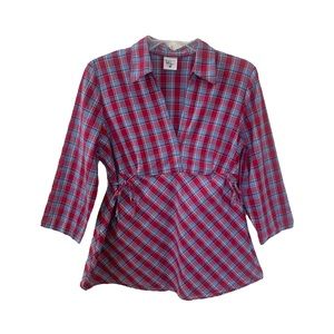 Motherhood Large Maternity Summer Cotton Plaid Blouse Top Tie Sides